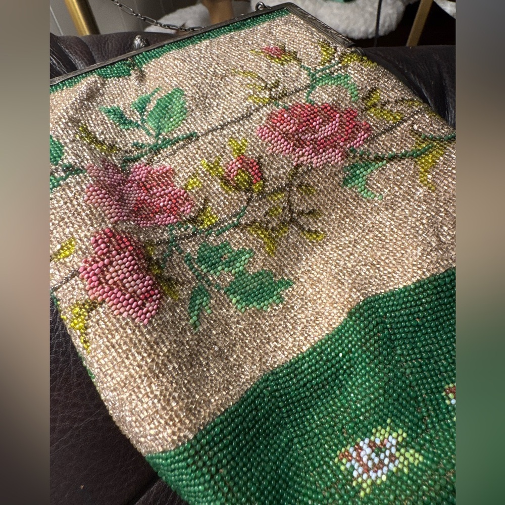 Victorian Antique Micro Beaded Bag Large Floral 4-Way Hinged Frame Sack Purse